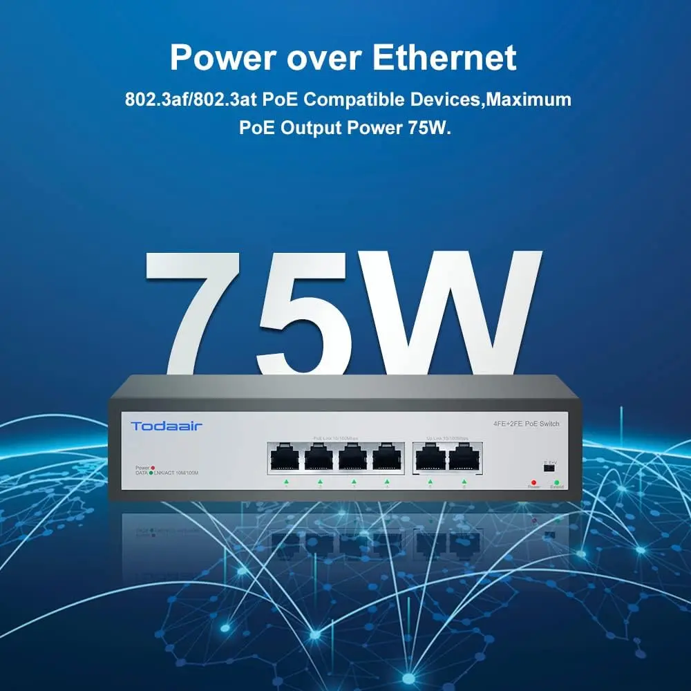 6 Port Ethernet PoE Switch | 4 PoE+ Ports + 2 Uplink @75W | 100Mps | 802.3af/at | VLAN Mode | Plug and Play