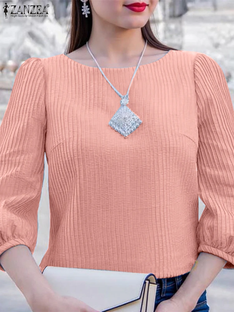 Zanzea blusa sólida feminina casual três quartos topos 2025 ol senhoras escritório pulôver verão solto o pescoço túnica oversized