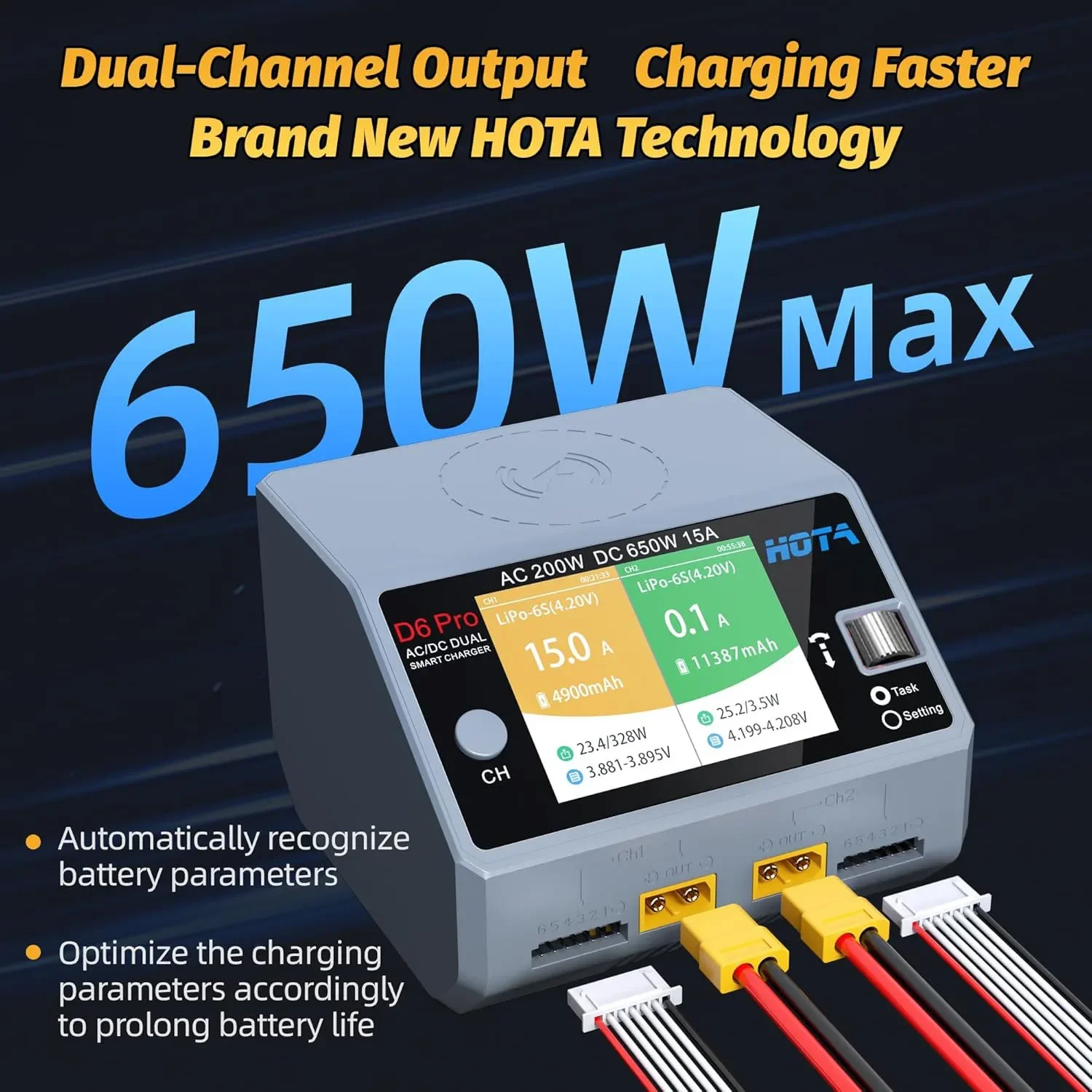 NEW D6 Pro AC 200W DC 650W 15A 2X325W 2X15A 충전기 무선 충전 기능 포함 NiZn/Nicd/NiMH 배터리 RC 드론 부품