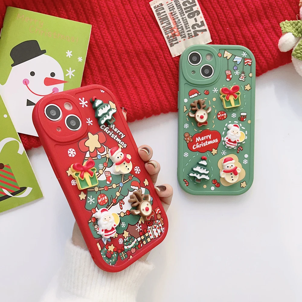 3D Merry Christmas Santa Tree Cute Phone Case for iphone 14 Plus 13 Pro Max 12 11 X XS XR Soft Cartoon Cover New Years Gift