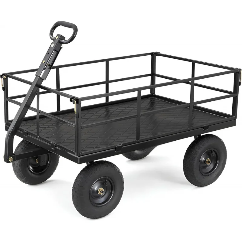 

1200Lb Steel Utility Cart, 9Cu Ft Bed, Black Towable Heavy Duty Wagon, Removable Side Panels Yard, Lawn, Garden