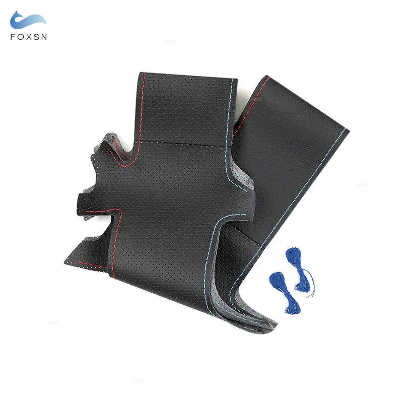 For BMW E36 E39 E46 X3 E83 X5 E53 Steering Wheel Cover Hand Stitched Black-red blue line Perforated Leather w/ Needles & Threads view 2