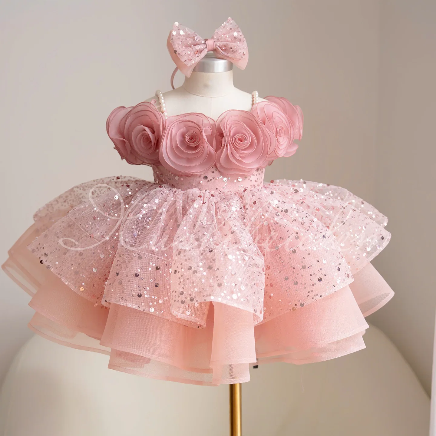 Girls sequins shoulder princess rose flowers children christmas show  princess dress