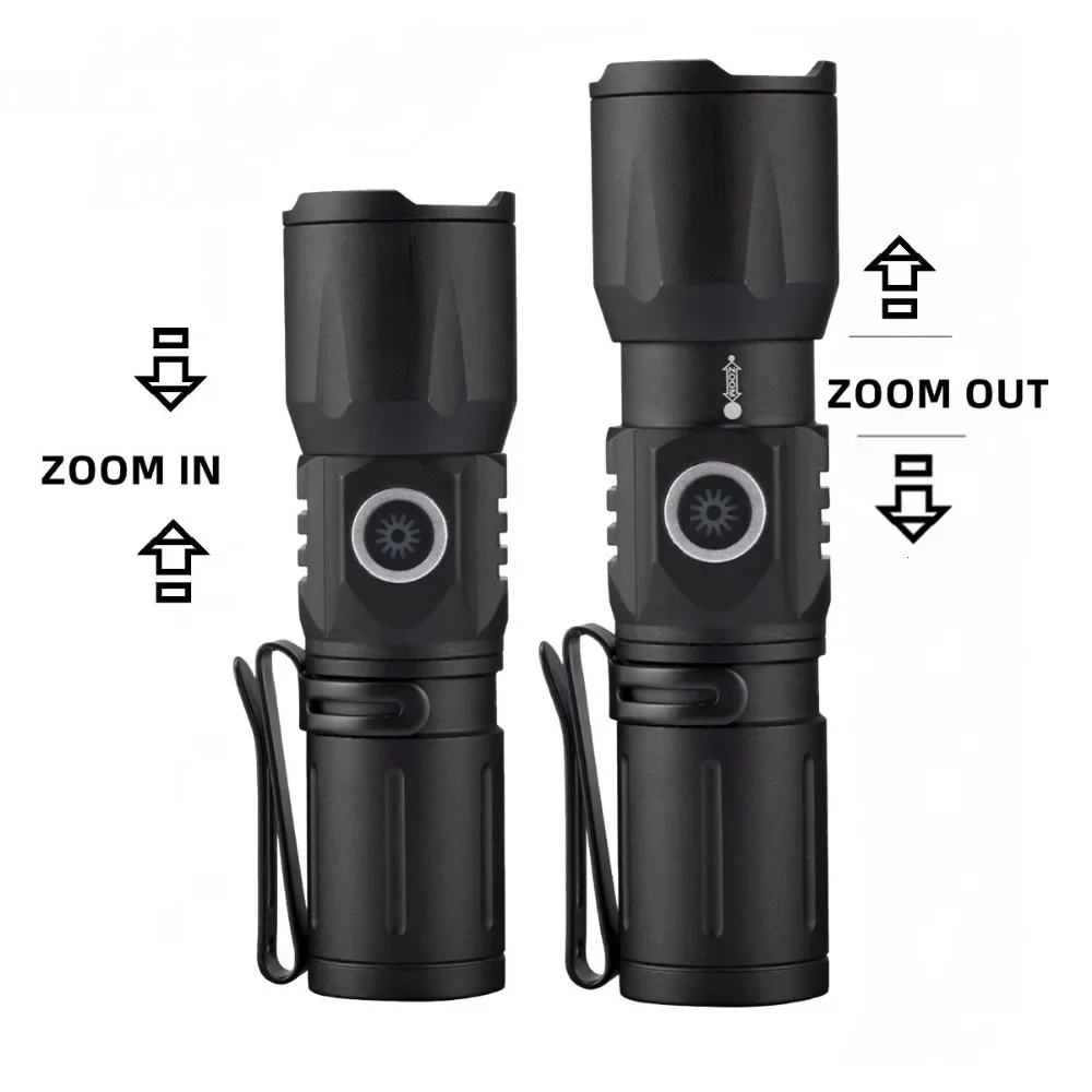 High Quality White Laser LED Flashlight 18350 Zoom Torch Rechargeable USB Light Waterproof with CAP CLIP for Hiking Camping