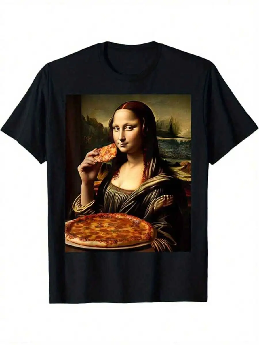 Funny Mona Lisa Print, Cotton T-Shirt, Graphic Tee Outdoor Clothes, Men's Clothing, Casual Short Sleeve Crew Neck T-Shirt  100% Cotton Trendy Y2K Short-Sleeve Tee-Soft, Quick-Drying, Moisture-Wicking, Great Gift for Christmas or Halloween.