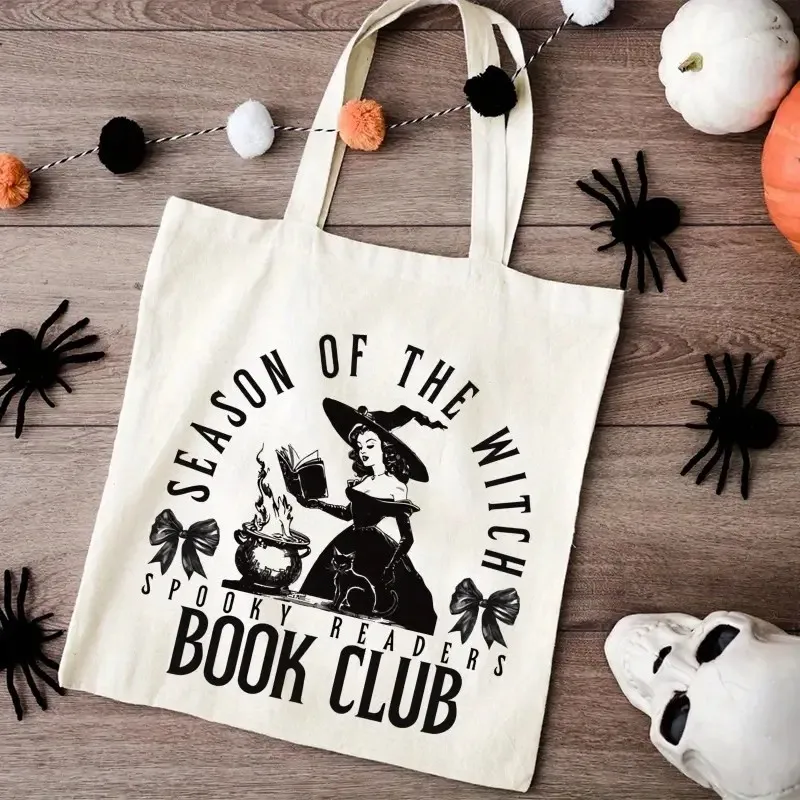Retro Salem Witch Book Club with Skull & Book Shoulder Bag Halloween Tote Bag for Shopping Spooky Gothic Style Halloween Gift