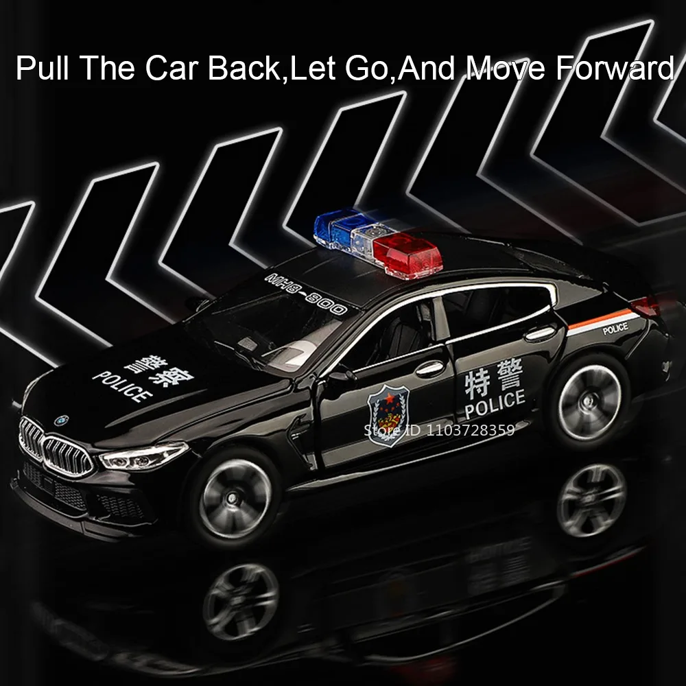 1:32 M8 M4 Police Car Toy Models Metal Diecast SWAT Cars Sound Light Doors Opened Pull Back Rubber Tires Boys Educational Toys