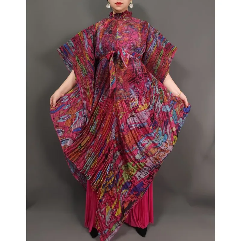 Nouveau Miyake grande taille Stretch femmes ensemble à manches longues chauve-souris cape robe droite jambe large pantalon 2 pièces Simple décontracté africain bal