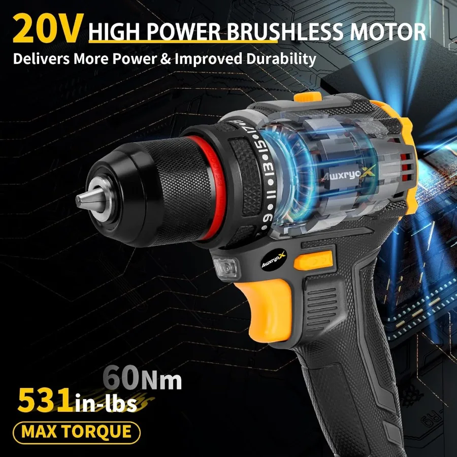 Compact Brushless Cordless Drill Tool Set with 20V Battery and 135Piece Household Combo Kit for DIY Home Repairs 60N.m Torque P