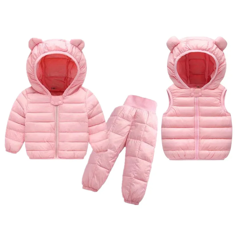 Boy girl Winter Clothing Suits With Hood Down Jackets + Vest+Pants Waterproof Hot Thickness Tracksuts Kids Clothes 3Pcs0-5Y