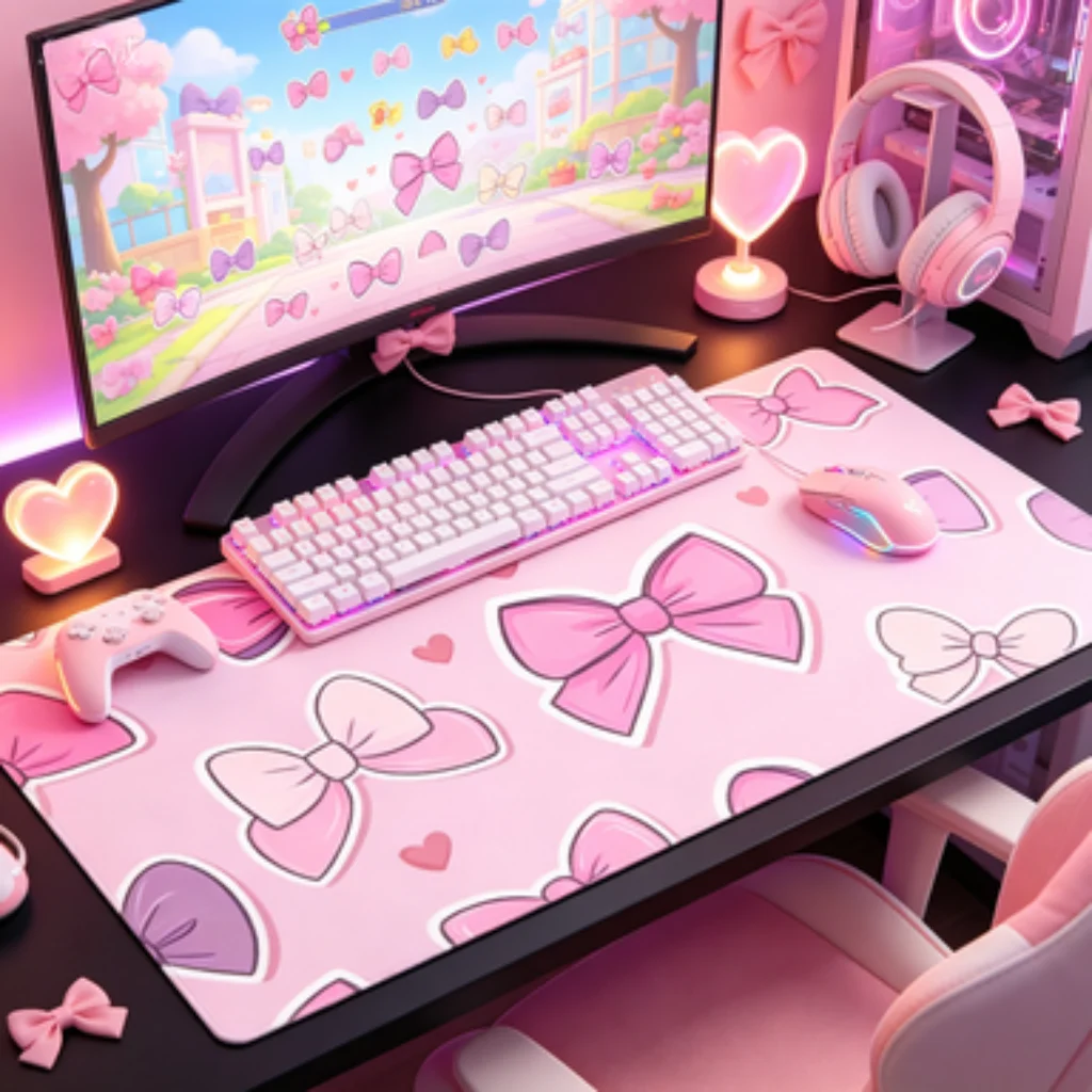 Pink Bow Heart Desk Mat, Retro Angry Chick Mouse Pad, Blue Fish PC Accessory, Rainbow Nebula Desk Mat, Purple Heart Mat.