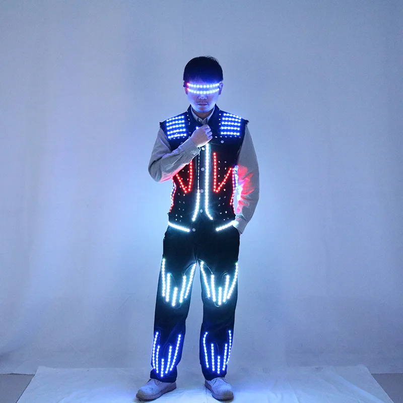 

Halloween LED Costume Men Robot Cosplay Luminous Light up Vest Jacket Pants Glasses Circus Dance Wear Stage Show Clothes 2025
