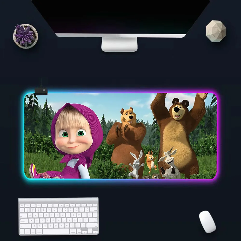 Hot Anime Masha and the Bear RGB Pc Gamer Keyboard Mouse Pad Mousepad LED Glowing Mouse Mats Rubber Gaming Computer Mausepad