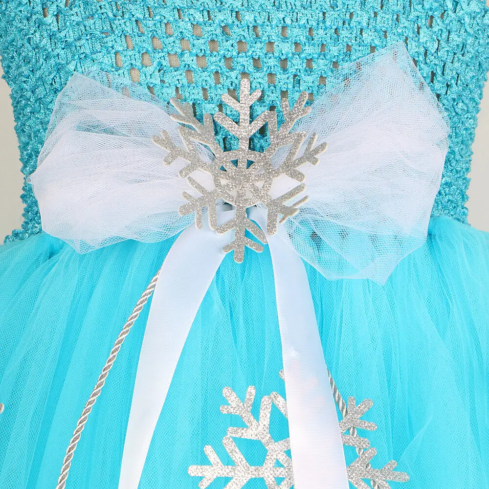 Skyblue Elsa Long Princess Dresses for Girls Snow Queen Christmas Cosplay Costume Kids Sparkly Snowflakes Xmas Party Tutu Outfit