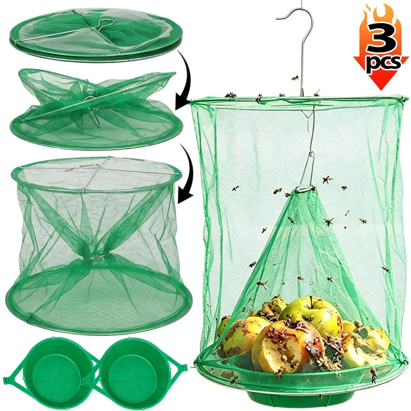 Reusable Fly Trap Foldable Waterproof Hanging Insect Cage with Bait Tray for Garden Farm Ranch Outdoor Non Toxic Control Catcher