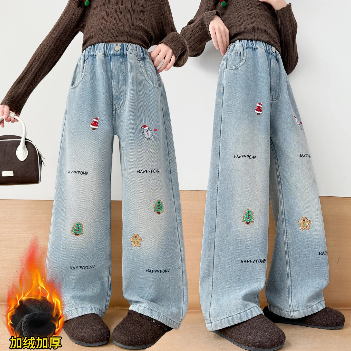 

winter teen girls cartoon plush jeans junior kids embroidery dog velvet denim wide-leg pants child trousers clothes 4-8 10 12 14