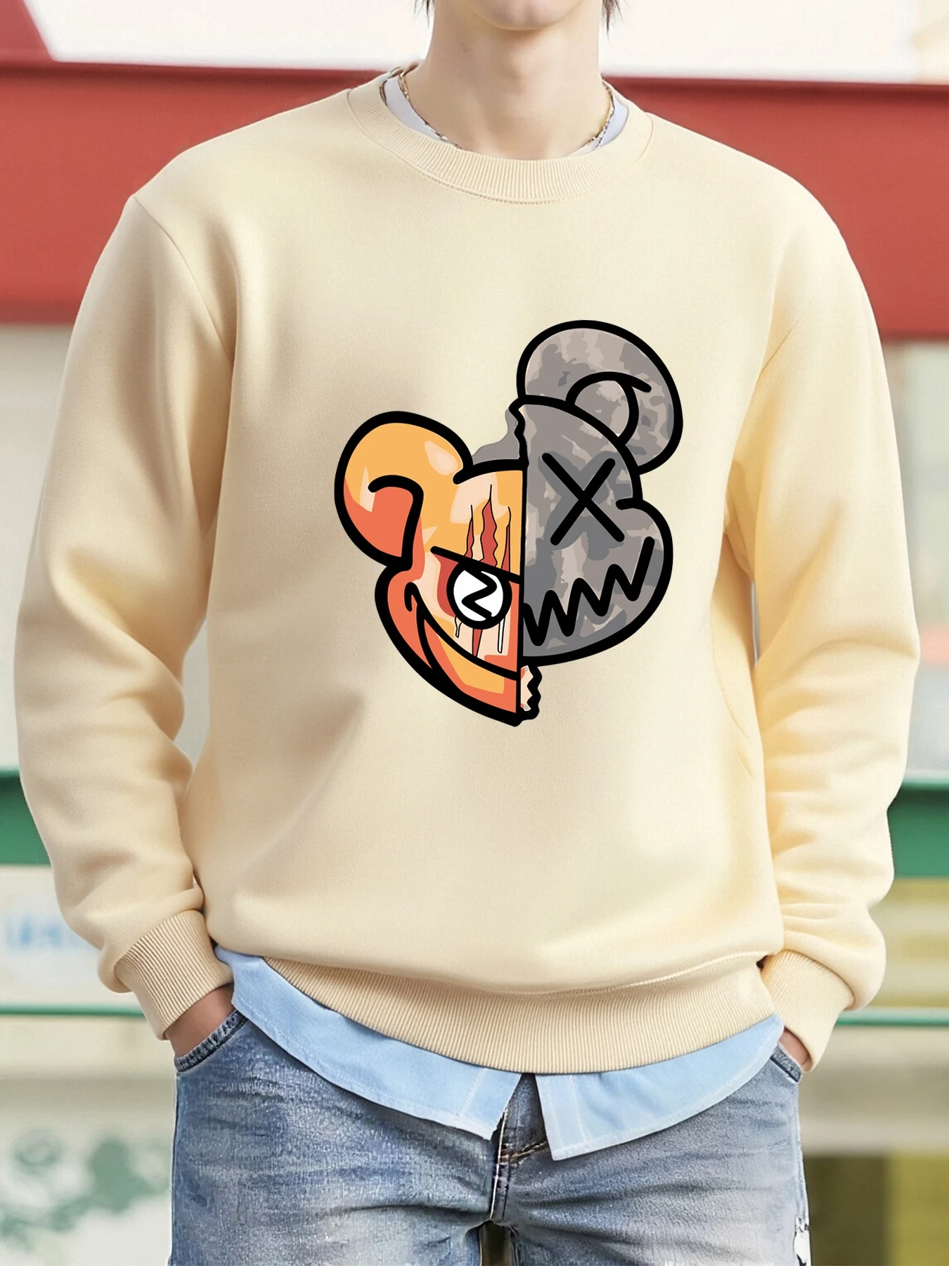 Freche Bär Cartoon-Muster Druck Herren Sweatshirt Oansatz Casual Pullover Herbst Streetwear Fleece Tops Mode Lose Kleidung