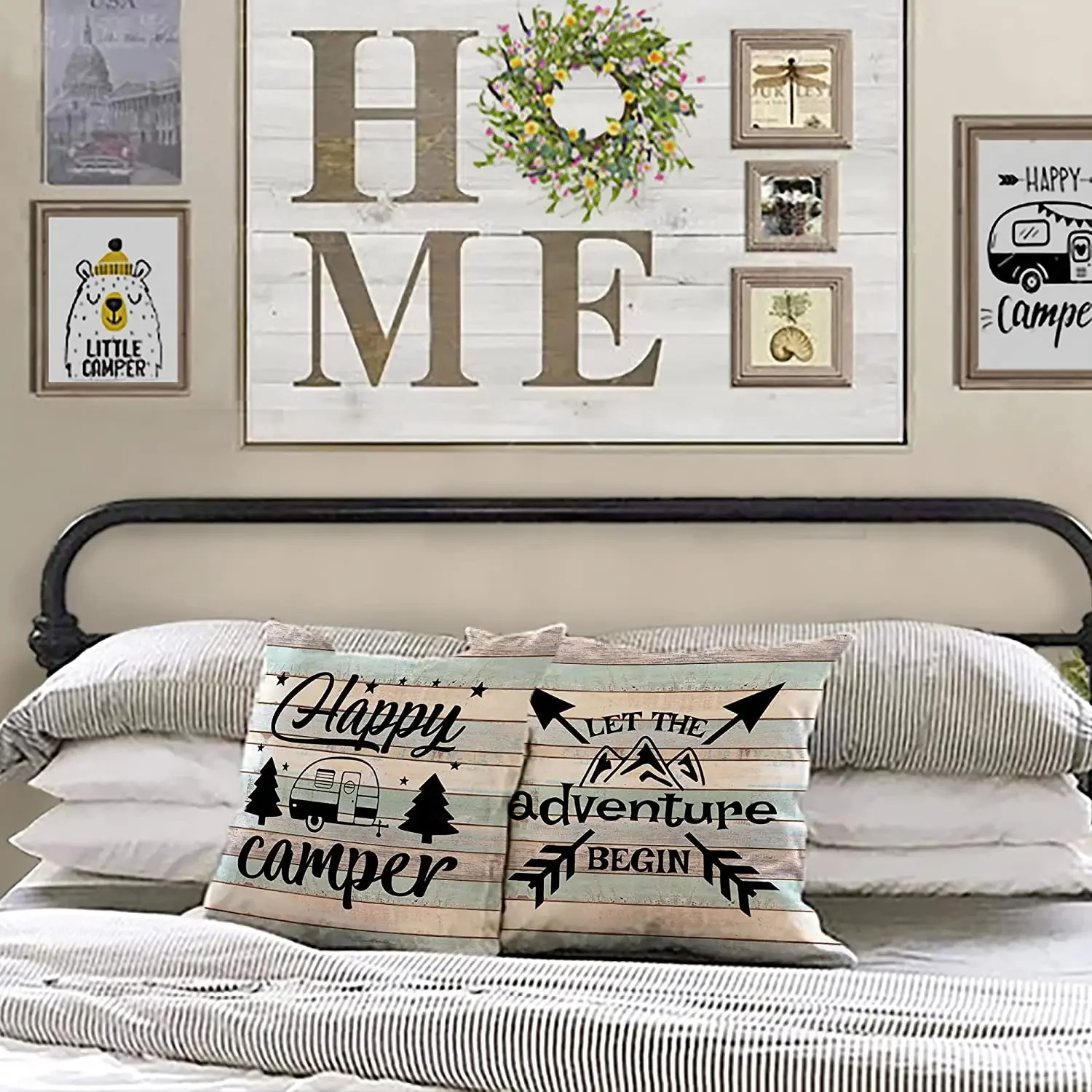 Happy Camper Pillow Cases Vintage Rustic Wood Background Inspirational Quotes Home Outdoor Decorative Cushion Cover Set of 4