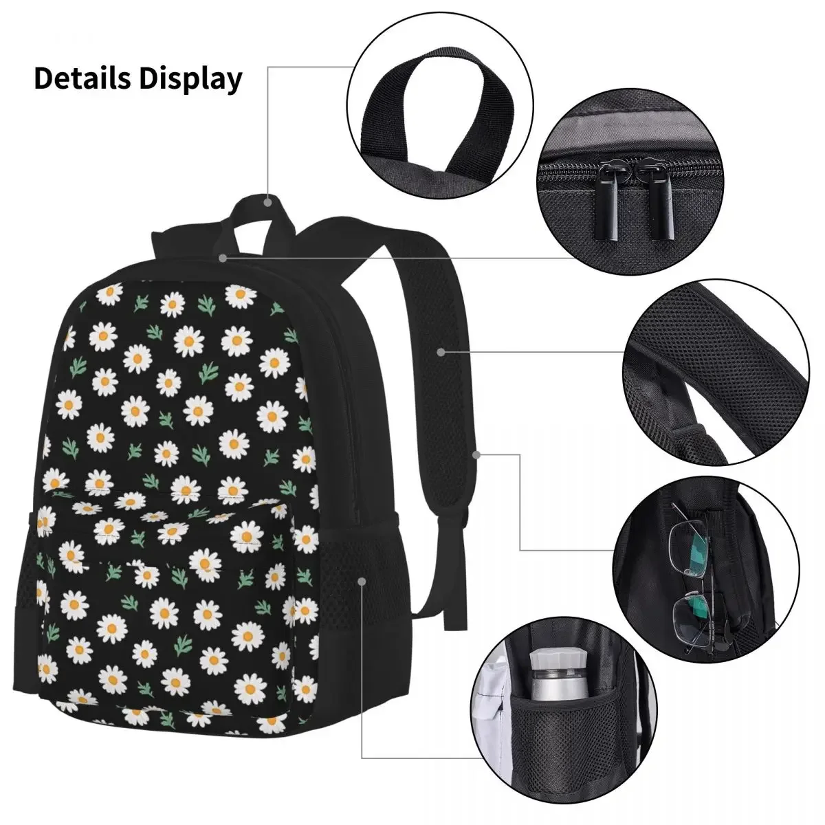 Conjunto de três peças de mochilas escolares pretas para crianças, padrão de margarida em mochilas pretas, mochila dos desenhos animados, lancheira, bolsa de caneta para meninos e meninas, bolsa infantil