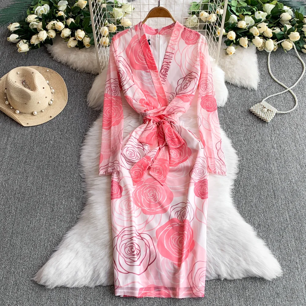 Vrouwen Mid Lengte Jurk Jurken Slanke Bodycon Vestidos Streetwear V-hals Volledige Mouw Elegante Splice Y2k Werk Schede Party Night