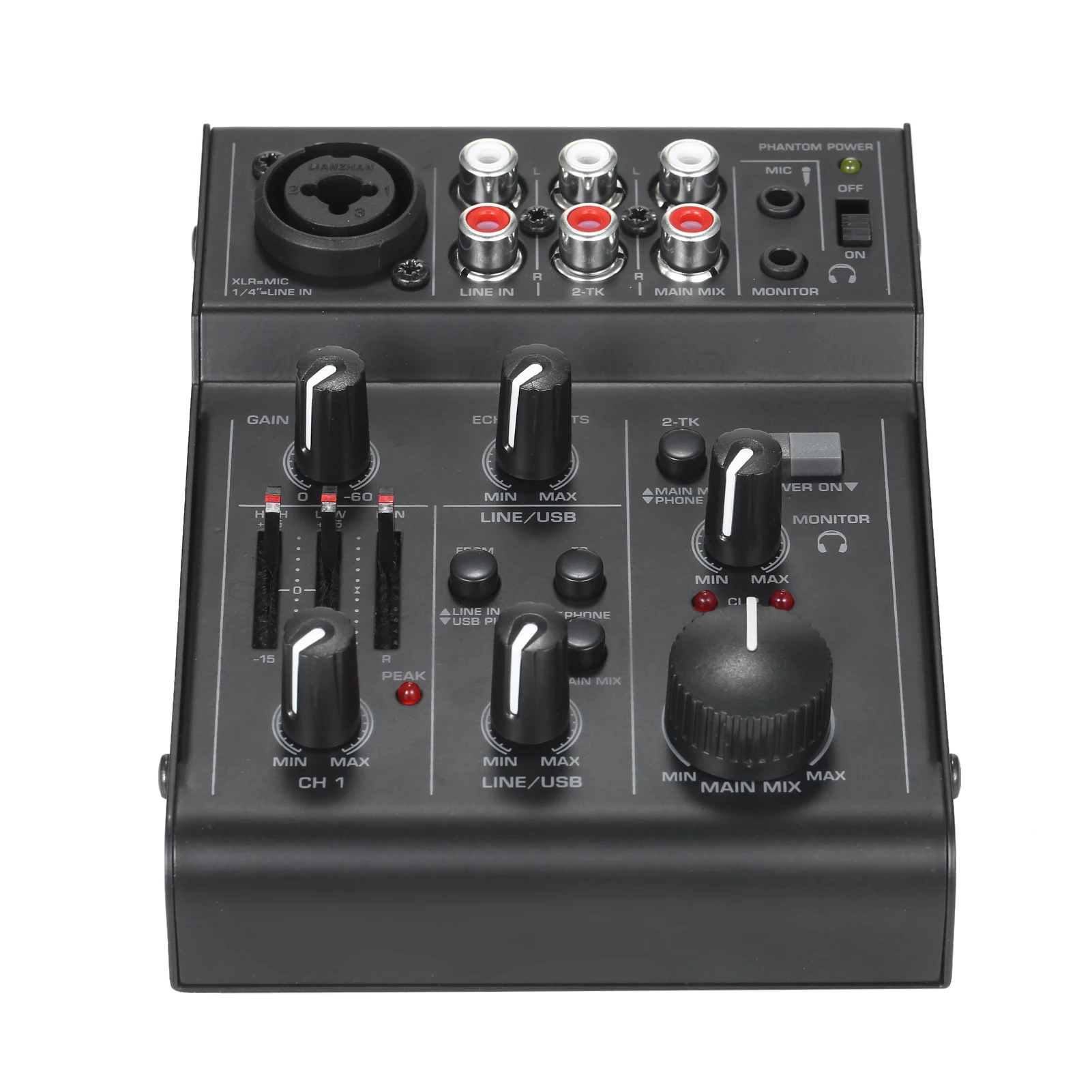 

5-Channel Compact Audio Mixer Sound Mixing Console USB Audio Interface 2-Band EQ Built-in Echoing Effect for Recording Live