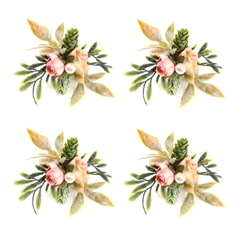 Double Rose Napkin Rings Set of 4, Pink Flower Napkin Rings with Berries and Handmade Napkin Ring Holders