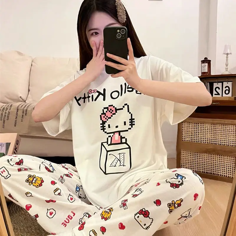 2024 New Kawaii Hello Kitty Cotton Pajamas Women's Summer Cartoon Short Sleeve Two Piece Set Hello Kitty Birthday Gift