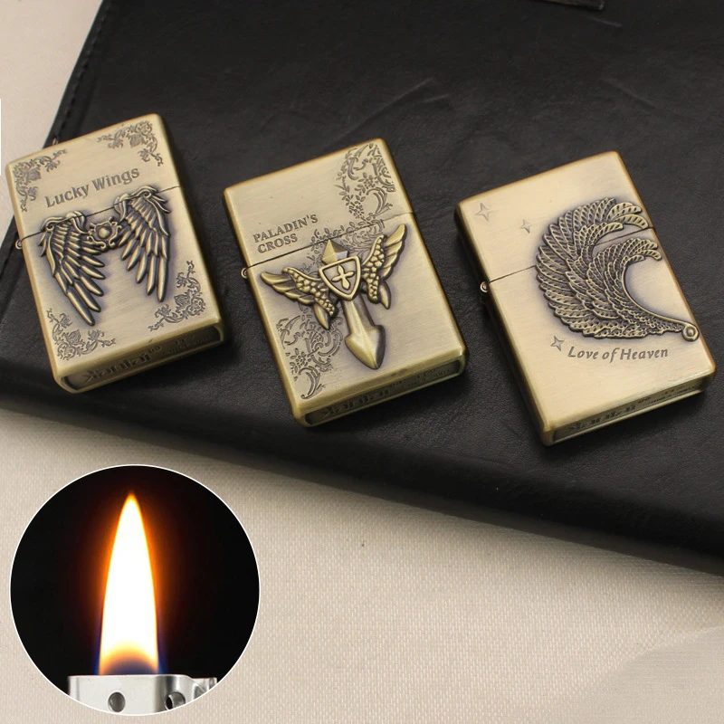 2026 New Personalized Creative Wing Embossed Craft Kerosine Lighter, Metal Retro Grinding Wheel Open Flame Igniter Men's Gift
