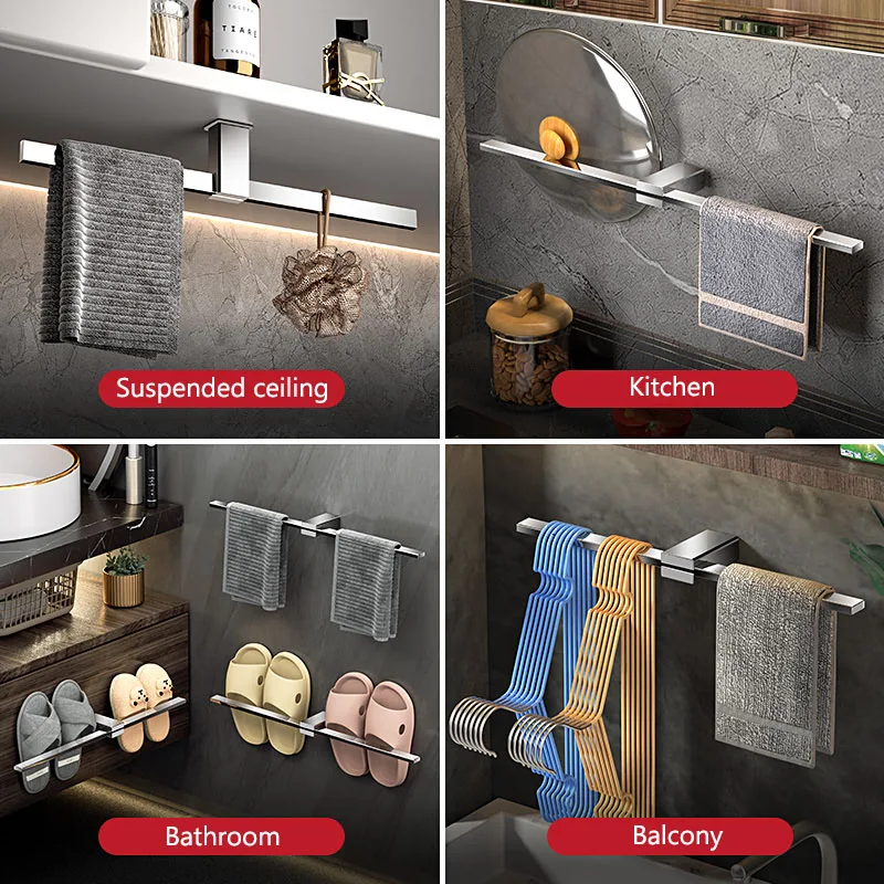 TOLM Black Toilet Hanging Non Perforated Towel Rack, Simple And Creative, Extendable Towel Pole, Stainless steel Towel Rack