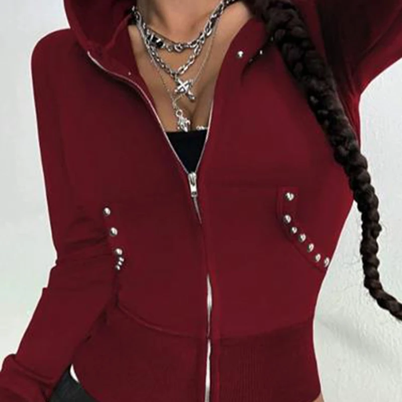 여성 후드 긴 소매 리벳 지퍼가 달린 스웨트 셔츠 캐주얼 자켓 데일리웨어 야외 활동 streetwear