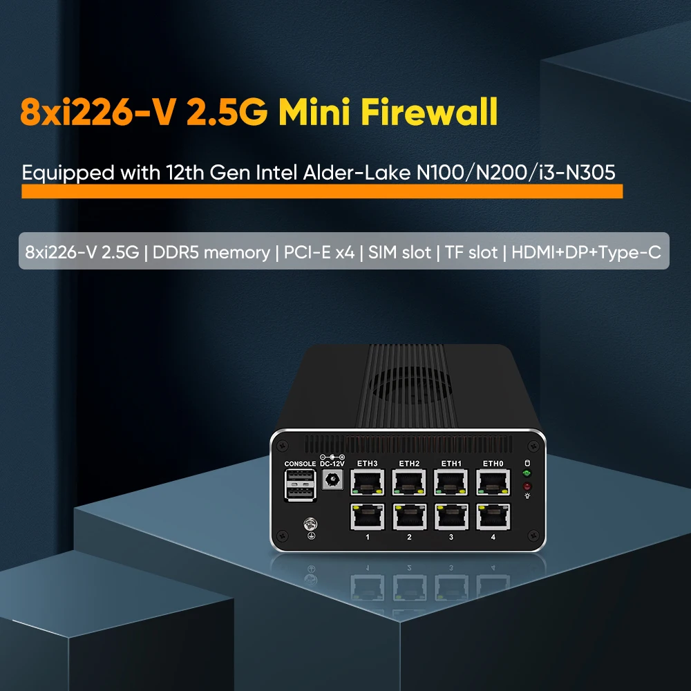 جهاز جدار الحماية من الجيل الثاني عشر 2*10G SFP I3-N305 N200 N100 4x I226-V 2.5G DDR5 NVMe جهاز توجيه ناعم كمبيوتر صغير Proxmox Server