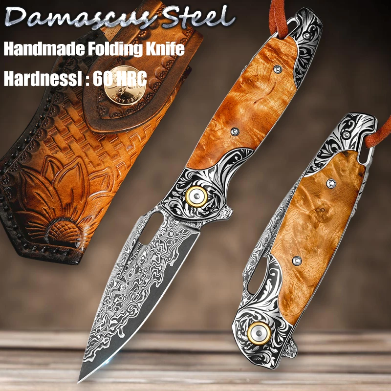VNLA Handmade Damascus Steel Folding Pocket Knife, Men's EDC Pocket Knife, Camping Hunting Outdoor Survival Fruit Kitchen Knife