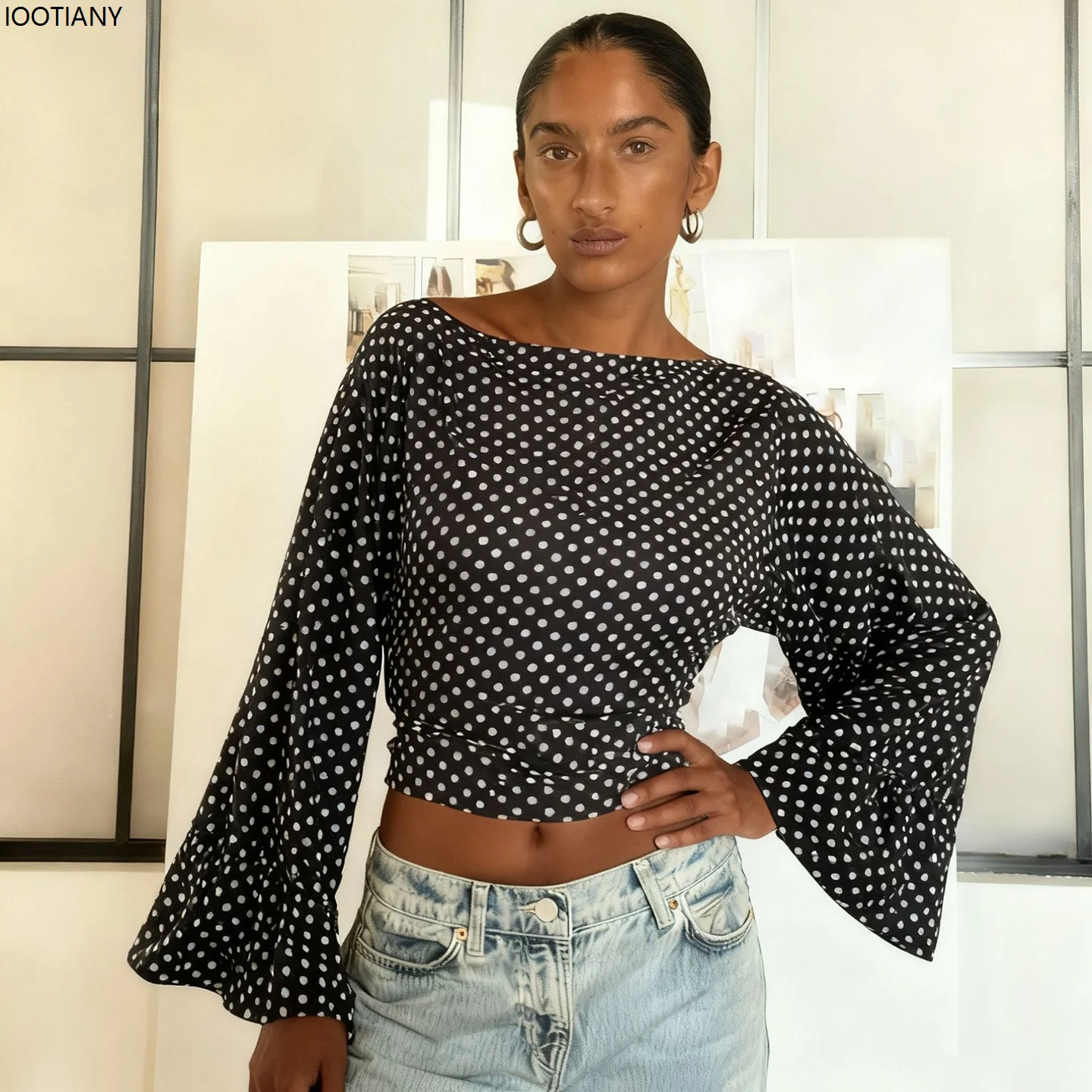 

Large Round Neck Polka Dot Trumpet Sleeve Long-sleeved Top Fashionable Ladies Temperament Hot Girl Back Waist Tie Casual T-shirt