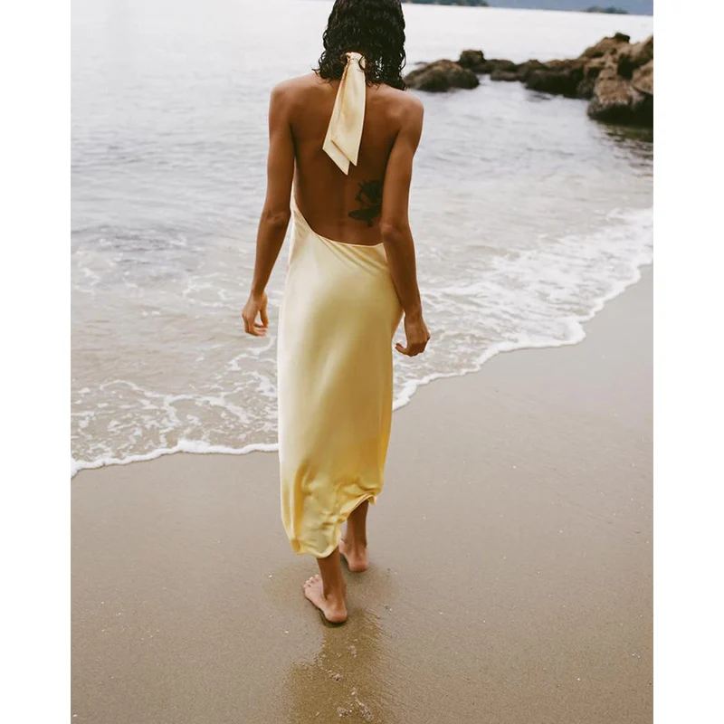 Ele Sommer Neue Ankunft Seide Satin Midi Dr Hängen Ne Kragen frauen Design Sensation Kleid l Taille Langen Rock