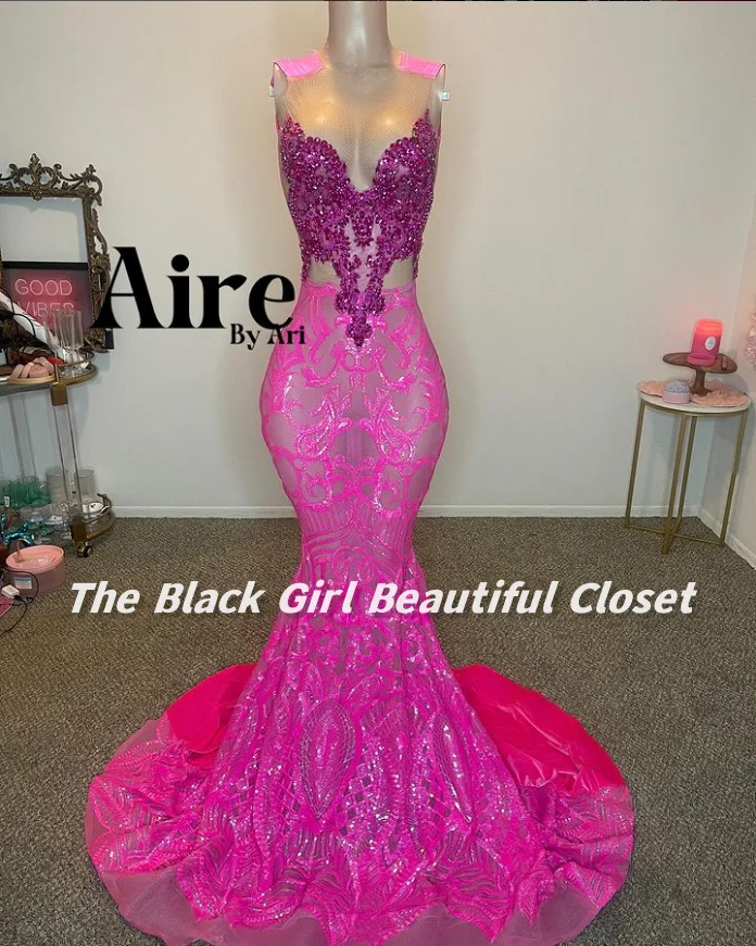 Barbie Pink Purple Exquisite Evening Gowns 2024 African Girls Sexy V Neck Ball Gowns Glitter Diamante Clash Applique Dresses