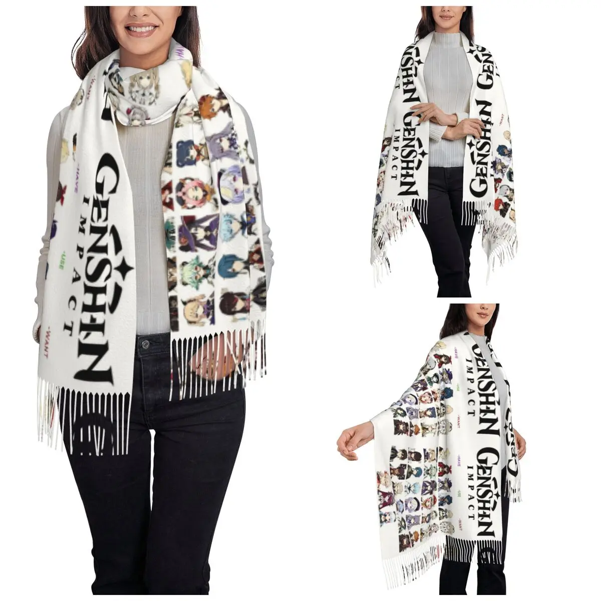 Womens Scarf with Tassel Genshin Impact Characters Collection Long Winter Warm Shawl Wrap Video Game Cartoon Gift Cashmere Scarf