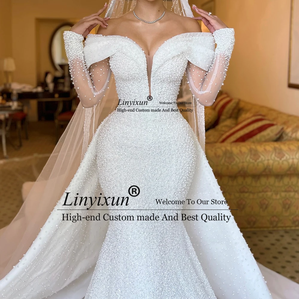 فساتين زفاف أنيقة مطرزة باللؤلؤ للعروس بدون أكتاف حورية البحر مع ذيل قابل للانفصال رداء رومانسي مخصص #4