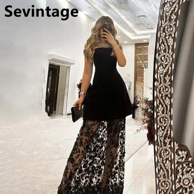 Sevintage 2025 Black A Line Strapless Evening Dress Saudi Arabic Prom Gown Wedding Party Dress Vestidos Customized