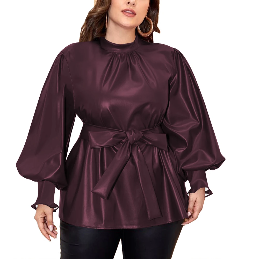 بلوزة عصرية بأكمام طويلة منتفخة بقصة ضيقة من البولي يوريثان مع حزام خلفي وسحاب علوي للسيدات قطع علوية كلاسيكية من الجلد الصناعي للمكتب #6