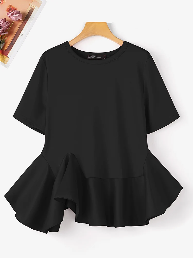 Women Elegant O Neck Short Sleeve Shirt ZANZEA Fashion Casual Loose Party Tops Patchwork Blusas Summer Ruffles Holiday Blouse