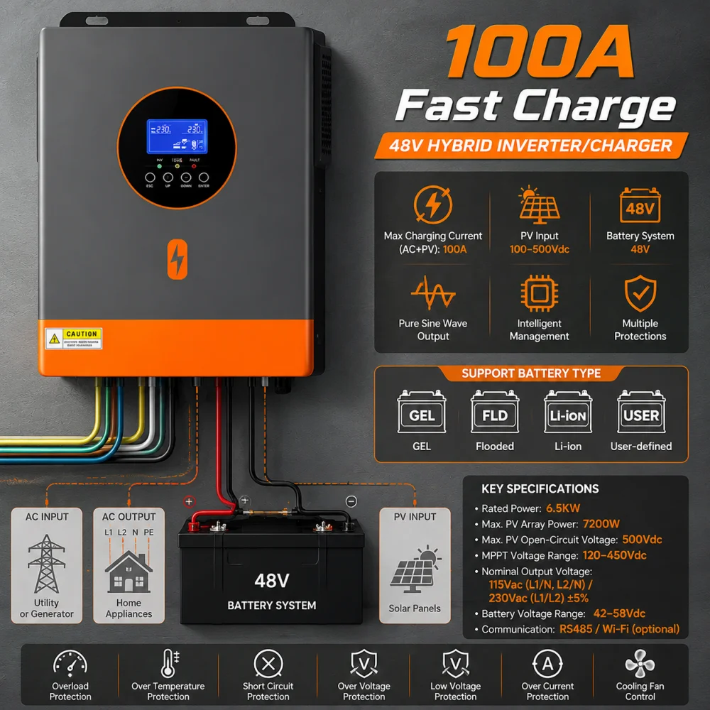 PowMr 6.5kW Hybrid Solar Inverter 48V Split Phase 120/240VAC MPPT 100 -500Vdc Built in LCD BMS RS485 WiFi Option Lead-Acid/Li-Ion Compatible for Solar Home image 4