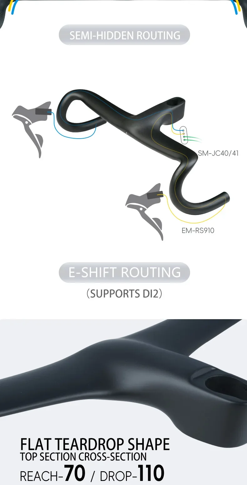 Aero Carbon Rennrad-Integrierter Lenker 340g Vollständige Interne Kabelführung 70mm Reach 110mm Drop 360-440mm OD1 IS52 Cockpit – Detail 9