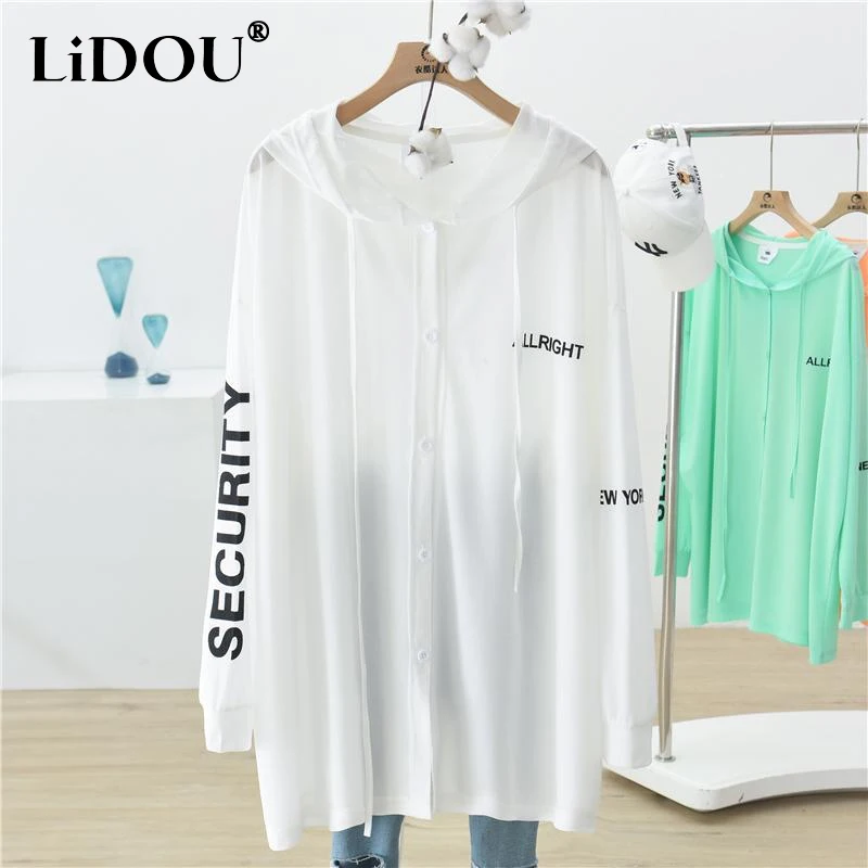 Spring Summer New Hooded Long Sleeve Ice Silk Fabric Sunscreen Clothing Women Fashion Solid Color Zipper Loose Casual Cardigan