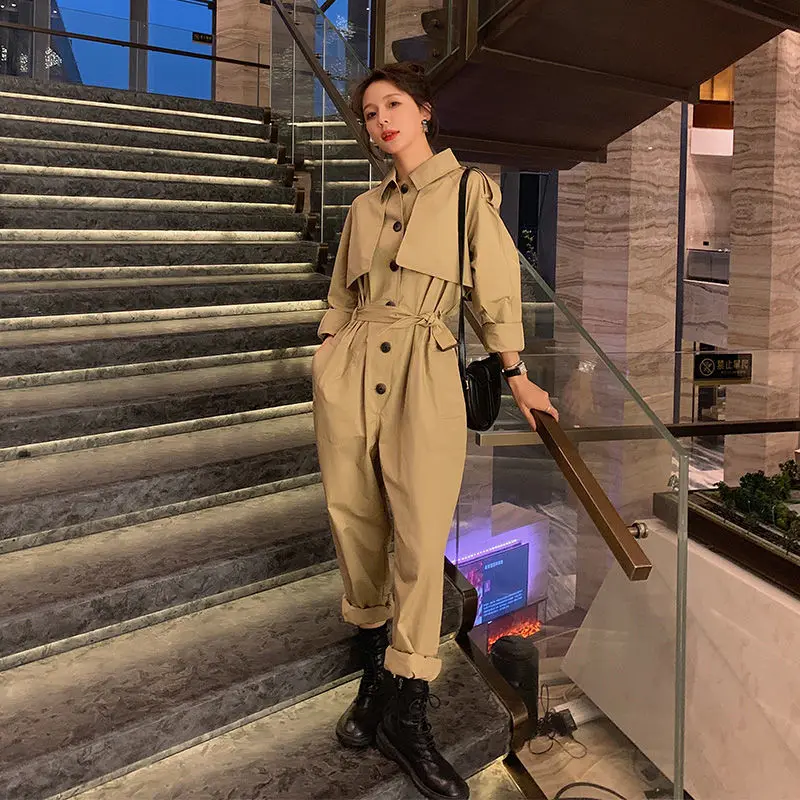 Spring Autumn New Long-sleeved High-waist Slim One-piece Women\'s Hong Kong Style Tooling One-piece Trousers Jumsuit Women
