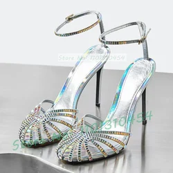 Colored Crystal Cross Strap Sandals Women Shimmer Iridescent Silver T Strap Shoes Ladies Stiletto High Heels Sexy Party Sandals