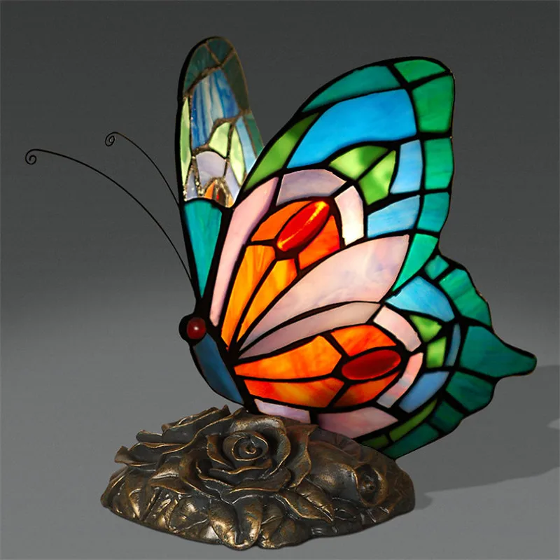 Tiffany Table Lamp Retro Stained Glass Butterfly Desk Lamp Hotel Decor Table Lamp Bedroom LED Night Light Christmas Decoration