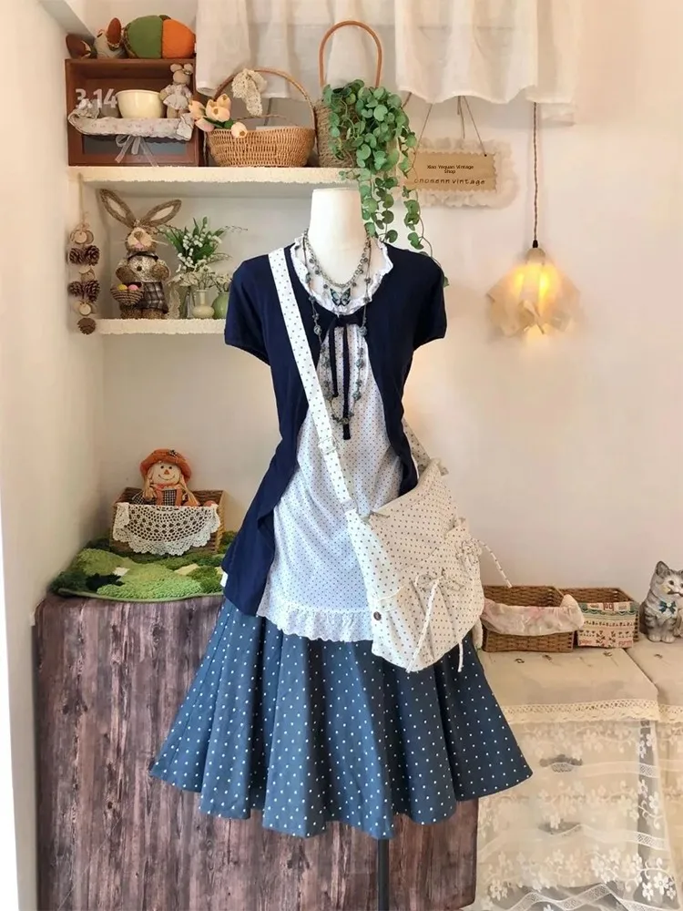 Vintage Polka Dot Short Sleeve Open Cardigan Skirt Set Small Size Three Piece Set Nana Style Summer Fashion Women's Ensemble
