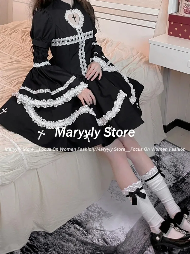 Autumn Japanese Style Gothic Cosplay Party Dress Women Long Sleeve Ruffle Lace Black Mini Dresses Y2k Vintage Lolita Dress New