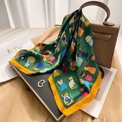 1pcs 70cm Cat Pattern Silk Scarf for Women Imitation Silk Animal Print Square Scarfs Fashionable and Versatile Headscarf Scarf
