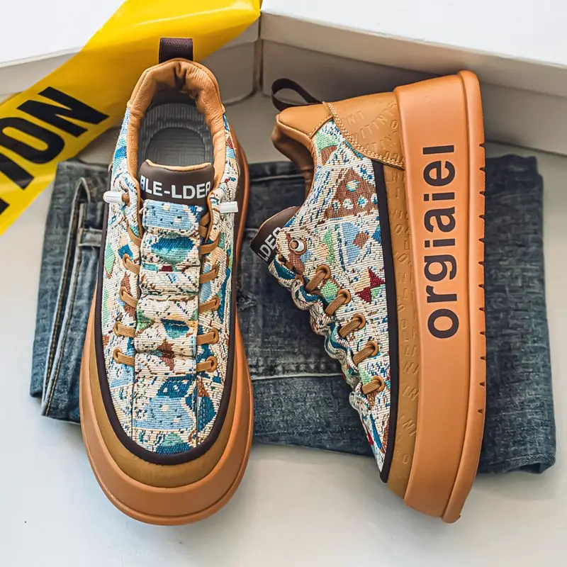 

Men's Canvas Shoes 2025 Spring Autumn Chunky Sneakers Skateboard Shoes Male Printed Vulcanized Shoes Outdoor Walking Footwear